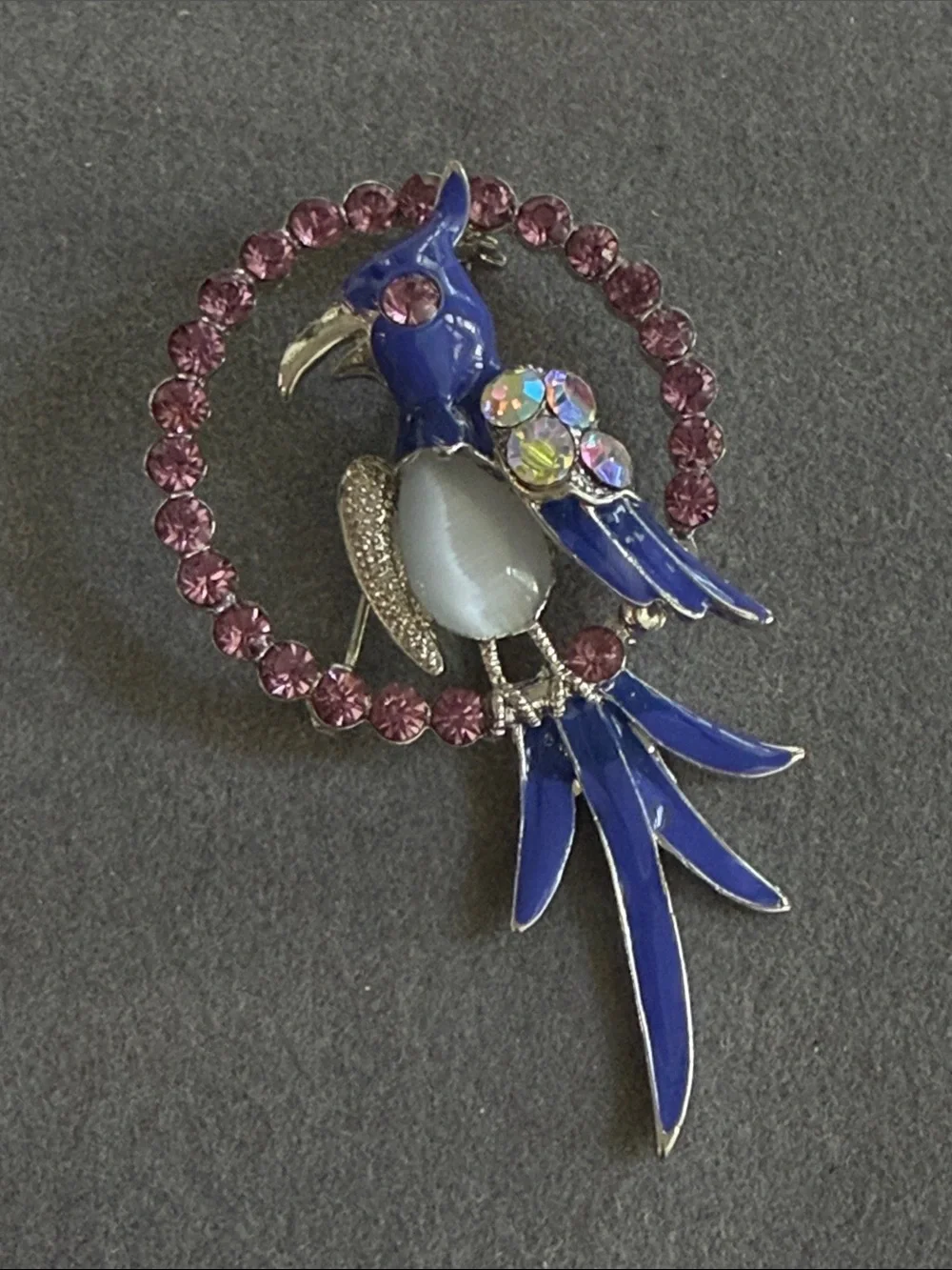 Vintage Blue Parrot Crystal Brooch Pin